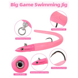 BLUEWING Big Game Swimming Jig with Lead Jighead, High Carbon Steel Swing Hook and Replacement Tail Saltwater Fishing Lures 7oz-6in Pink