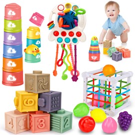 Montessori Baby Toys 6-12-18 Months, Infant Pull String Stacking Cups Shape Sorter Blocks Toy 6 7 8 9 10 11 12 M+ Sensory Development Learning Toy 6-9 9-12 Months Birthday Gift for 1 Year Old Boy Girl