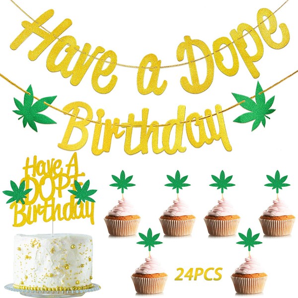 2 piezas de hojas de olla, pancarta de cumpleaños y decoración para tartas, 24 piezas de hojas pequeñas para cupcakes para baby shower, fiesta de cumpleaños