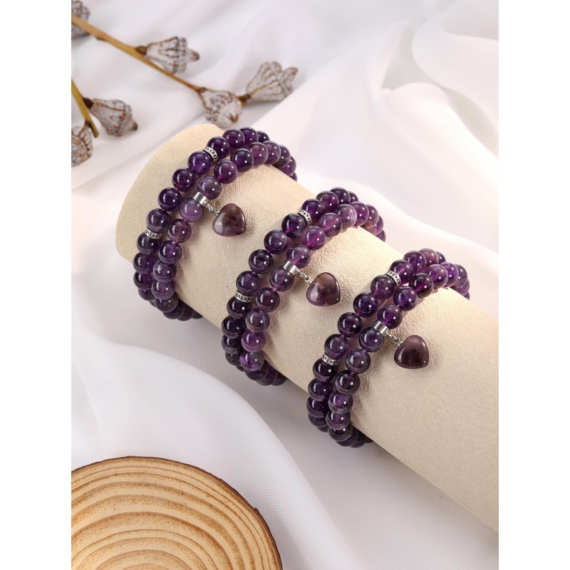 Jovivi Amethyst Heart Bracelets for Women 2pcs 8mm Natural Amethyst