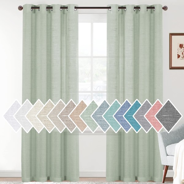 H.VERSAILTEX Linen Sheer Curtains 84 Inches Long Semi Sheer Curtains - Privacy Added Silver Grommet Linen Curtain Panels for Living Room/Bedroom Light Filtering Curtains (Sage, 2 Panels)