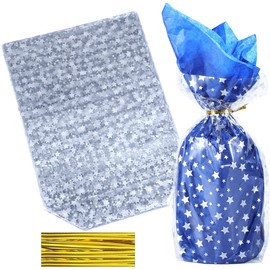 ZIMCEMS 50Pcs 7X12 inch Bottom Gusset Bags Silver Star Printed Clear Cellophane Gift Bags Plastic Gift Wrap Cello Bags for Party Favor Treats, Goodie,with 5" Twist Ties