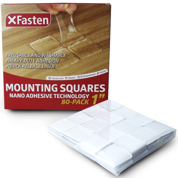 XFasten Clear Double Sided Mounting Tape Squares, 1" Pre-Cut Poster Sticky Squares, Clear, 80 Nano Mounting Squares Removable Square Putty Tape Gel Nano Square Poster Tape for Walls Stucco Glass