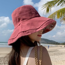 Lziizl Reversible Bucket Hat Women UV Sun Protection Wide Brim Fisherman Hat Summer Beach Travel Cap Red