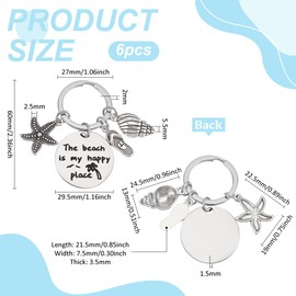 PH PandaHall 6PCS Beach Lover Gift Keychain, The Beach is My Happy Place Keychain Starfish Conch Flat Round Beach Themed Gifts Key Chain Summer Graduation Gift for Ocean Beach Lover, Antique Silver