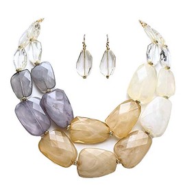 Fashion Jewelry ~ Clear Gray Ivory Chunky Mix Resin Stone Statement Necklace and Earrings for Women