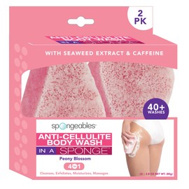 Spongeables Anti-Cellulite Body Wash in a Sponge, Moisturizer and Exfoliator, 20+ Washes, Peony Blossom, 2 Count