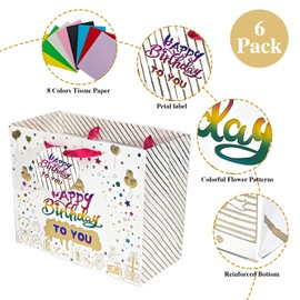 suosicn - Bolsa de regalo de cumpleaños con asa y papel de seda, bolsas de regalo de cumpleaños, tamaños variados, 2 pequeñas 8.3 pulgadas, 1 mediana 10.3 pulgadas, 1 grande 12.8 pulgadas (4 bolsas de