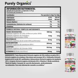 Combo 2 Resveratrol Purely Organics Anti-ox Complex Gold | 90 Caps Sin sabor