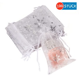 MAOOY Organza Bags Pack of 100, Organza Bags 17 x 23 cm, Party Favours, Wedding Bags, Snowflake Pattern Gift Bags with Drawstring for Party, Christmas, Advent Calendar (White)