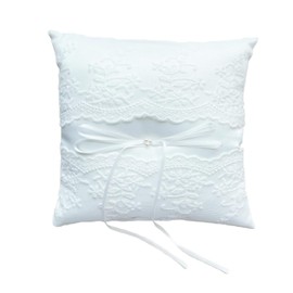 Wedding Ring Pillow Ivory Satin Ribbon Bow Pearls Lace Floral Embroidery Ring Bearer Cushion for Wedding Ceremony(8 inch)