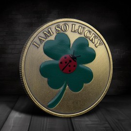 GARASANI I Am So Lucky Design with Four-Leaf-Clover and Ladybug - Inspirational Quote Engraved Challenge Coin Commemorative Coin Bronze (N Type)
