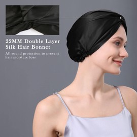 DAISYSILK 22 Momme 100 Pure Mulberry Silk Hair Bonnet for Sleeping Double Layered Silk Hair Wrap for Women with Elastic Stay On Head, Black