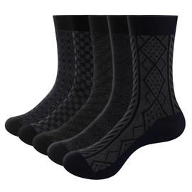 YUEDGE Basic Men's Socks Black Classic Patterned Dress Socks Anti Smell Cooling Mid Calf Bamboo Socks For Men Size 9-12 Uk, Multipack, 5 Pairs