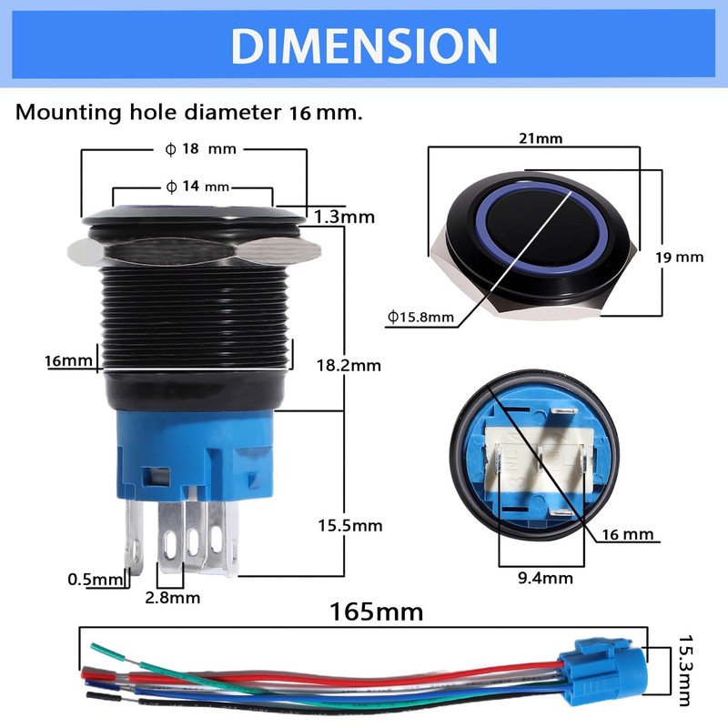 aikoolwer Latching Push Button Switch 16mm 12V Car Blue LED