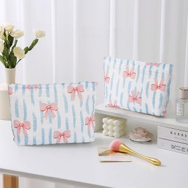 Large Makeup Bag for Purse, Blue Stripe Pink Bow Cosmetic Bag for Women Girls, Cute Pink Bowknot Canvas Travel Toiletry Bag Organizer, Aesthetic Coquette Makeup Pouch Cosmetic Pouch with Zipper