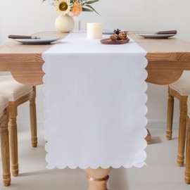 YZKITM Solid White Farmhouse Scalloped Table Runner Washable Polyester Cute Everyday Decorative Table Runners 72 Inches Long for Dinner Birthday Wedding and Party 13x72 Inchs