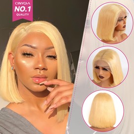 CINYOLA 613 Blonde Bob Wig Real Raw Human Indian Hair, Pre Plucked Pre Cut 13x4 HD Lace Glueless Front Wig, 180% Density Short Straight Bob Wigs for Women 12 Inch