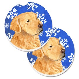 Caroline's Treasures Golden Retriever Winter Snowflakes Holiday Set of 2 Cup Holder Car Coasters SS4614CARC, 2.56, Multicolor