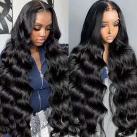 Thickrot 13x4 Lace Front Wigs Human Hair Body Wave Transparent HD Lace Front Wigs Human Hair Pre Plucked 100% Human Hair 200% Density Natural Black Glueless Wig for Women 32 inch