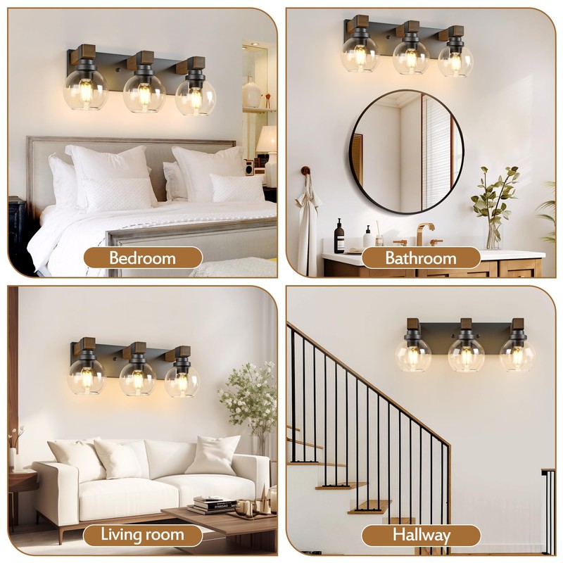 Farmhouse Bathroom Vanity Light Fixtures, 3-Light Wood Bathroom Light Fixtures
