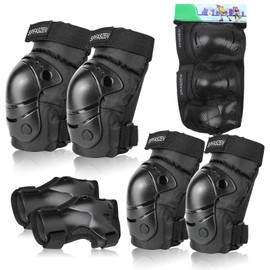 Children's and Adult Knee Pad Set, Protector Set 6 in 1 with Knee-Elbow Wrist Guards, Protective Equipment, Adjustable Wrist Guards for Rollerblading Skating Skateboard Scooter Cycling (BK M)