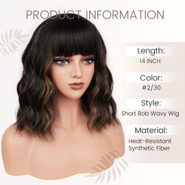 Black Mixed Brown Wavy Wig with Bangs Soft Short Bob Wigs for Women Synthetic Shoulder Length Women's Curly Wigs for Costumes Cosplay Daily