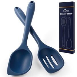 HOTEC Heat Resistant Silicone Cooking Spoon Spatula, Large Kitchen Solid and Slotted Spoons for Mixing, Serving, Scraping, Non-stick, Dishwasher Safe Classic Blue 12.5inch