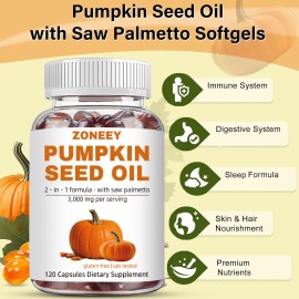 ZONEEY Pumpkin Seed Oil Saw Palmetto 3000 mg - Bladder Health, Immune Support 300 Pills