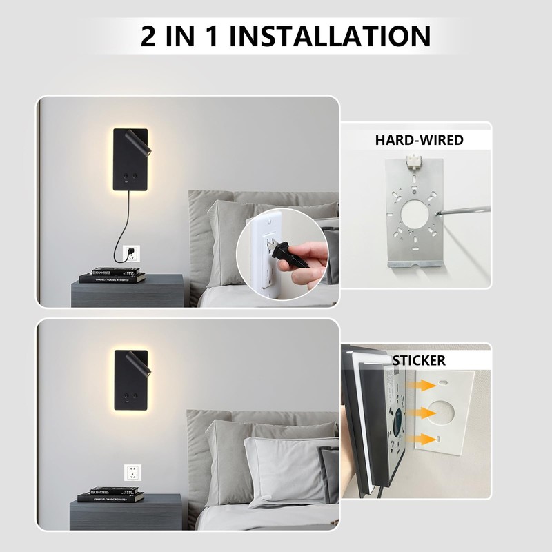 LED Reading Light Wall Mounted Lamp with 3 Brightness Dimmable