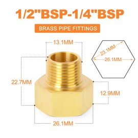 GASHER 5PCS Brass Pipe Fitting, Reducer Adapter, 1/4-Inch Male Pipe x 1/2-Inch Female Pipe
