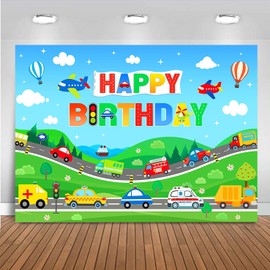 Mocsicka Transportation Banner Decorations for Kids Boys - Traffic Plane Car Truck Vehicle Banner Birthday Backdrop (7x5ft)