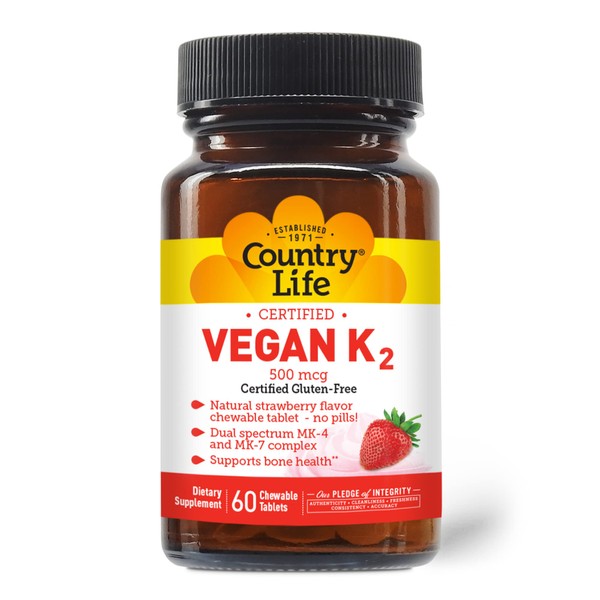 Country Life Certified Chewable Vegan K2, Supports Bone Health, 500mcg, 60 Chewable Tablets, Certified Gluten Free, Certified Vegan