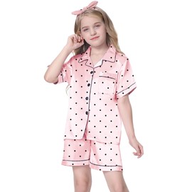 Kids Pajamas Girls, 2 Pcs Sleepwear Short Sleeve Stain Summer Pajama Set Silk Pjs for Teen Girls, Pink Dots, 7-8 Years