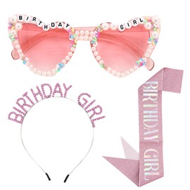 Mzario Birthday Girl Sash,Crown Headband and Happy Glasses Set for Women ，Pink Birthday Sunglasses and Sash,Glitter Happy Birthday Accessories Party Favors Set for Women Girls(Pink