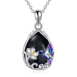 YFN Hummingbird Necklace 925 Sterling Silver Black Onyx Bird Pendant Necklace Hummingbird Jewellery for Women Girls Hummingbird Gifts for Mom Daughter