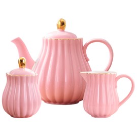 Jusalpha Porcelain Tea Set- Pink Teapot and Creamer Sugar Bowl Set, TW (Pink)