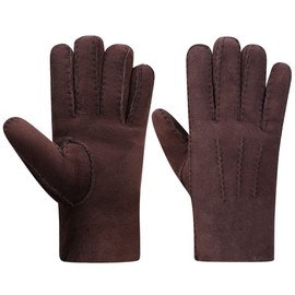 Harssidanzar Mens Leather Gloves,Suede Lambskin Shearling Fur Cuff Thick Wool Lined Heated Warm for Winter Cold Weather Dress Driving Gloves KM043UK,Brown,Size L