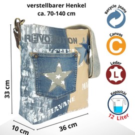 Sunsa Damen Tasche. Nachhaltige Umhängetasche. Handtasche aus recycelte Jeans & Canvas Schultertasche in Vintage Stil mit Stern. Crossover Bag