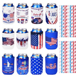 4th of July Decoration Can Cooler Sleeves, 12 Pcs Independence Day Can Party Supplies USA Flag Insulated Collapsible 4th of July Cooler Sleeves for Patriotic Memorial Day (Blue and White)