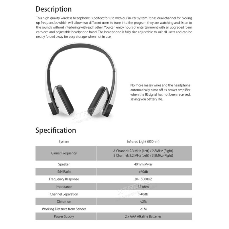 XTRONS Weiße IR Wireless Kopfhörer Dual Channel Stereo Infrarot Headsets