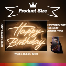 Goneons Happy Birthday Neon Sign for Wall Decor, Happy Birthday Led Sign for Backdrop with Dimmable Switch, USB Powered LED Happy Birthday Sign for Biryhday Party Decoration(Warm White,16.5" × 12.2")