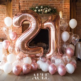 AULE 40 Inch Large 21 Number Balloons Rose Gold Big Foil Number Balloons Giant Helium Happy 21st Birthday Party Decorations for Women Huge Mylar 12 Anniversary Supplies