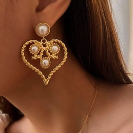 Atentuyi Open Heart Earrings Gold Earrings Pearl Stud Earrings Love Heart Dangle Drop Earrings Statement Earrings Vintage Earrings Punk Jewelry for Women and Girls