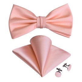 GUSLESON Rose Gold Bow Tie Mens Plain Color Silk Wedding Pre-tied Bowtie and Pocket Square Cufflink Set (0678-24)
