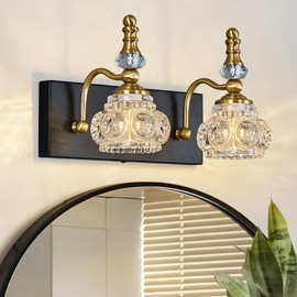 LBSQJ Modern Glass Crystal Vanity Light - Vintage Bathroom Lighting Fixtures Over Mirror, 2 Light Vanity Lights G9 Bulb (11.81 Inch, Black Gold)