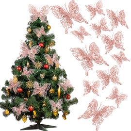 Jutom 24 Pcs Christmas Tree Butterfly Decorations 3 Sizes 3D Glitter Hollow Butterfly Ornaments Hanging Butterfly Wall Decor with Clips and Stems for Christmas Tree Wreaths Decor (Rose Gold)