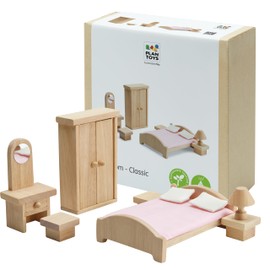 PlanToys® Classic Dollhouse Bedroom Furniture Set | Eco-Friendly Wooden Dollhouse Accessories for Kids | Includes Bed, Closet, Vanity, Chairs & Lamp | Pretend Play Montessori Toy
