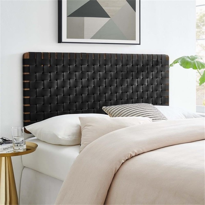 Pemberly Row Weave Vegan Leather Full Headboard in Walnut Black