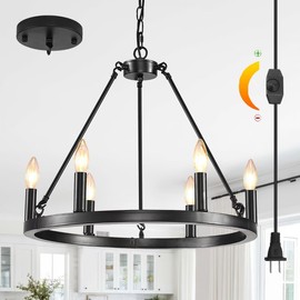 HOXIYA DIMMABLE 6 Lights Plug in Wagon Wheel Chandelier, 20.5" Black Round Pendant Light with Long Cord, Farmhouse Rustic, Height Adjustable Hanging Lights Fixture Outdoor Ceiling Lights for Entryway